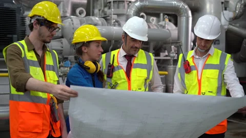 Group of Industry Engineer man and woman discussion with Blueprints checking Stock Footage 154283336