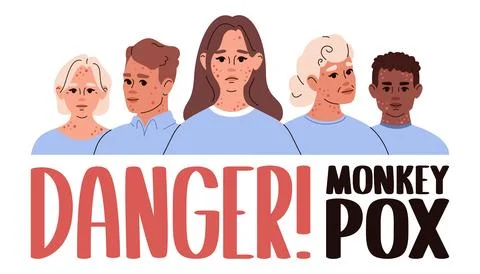 Group of infected people from monkey pox. Web banner with inscription danger  Stock Illustration