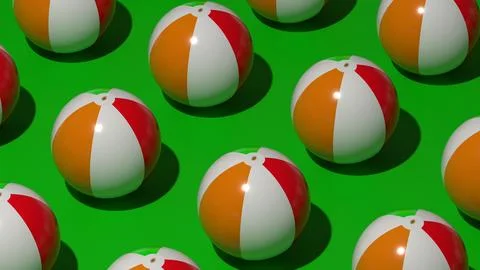Group of inflatable beach balls on green background for design mockup 库存插图