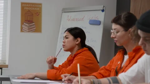 Group of Inmates Doing Tasks during Class in Prison Stock Footage 328998828