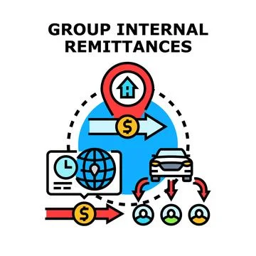 Group internal remittances financial transfer sending money concept Stock Illustration