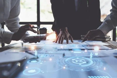 Group of IT consultant working by interface ui and management big data and Stock Photos