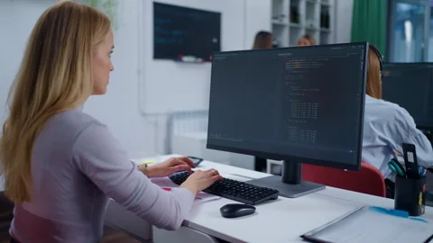 Group Of IT Professionals In Office, View On Computer With Program Code, Woman Stock Footage 274406254