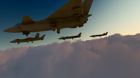 A group of J-20 fighter jets flies over the clouds Stock Footage 318564171