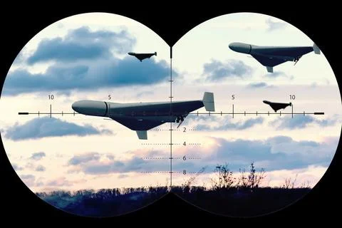 Group of Kamikaze Drones in Binocular Optical Scope Stock Photos