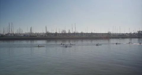 Group kayaking in ocean bay 4k 25p Stock Footage 132340528