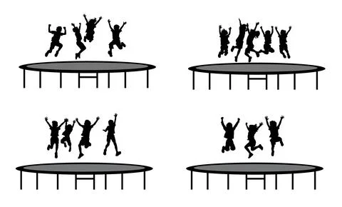 Group of kid jumping trampoline, jumping for joy silhouette isolated on white 库存插图