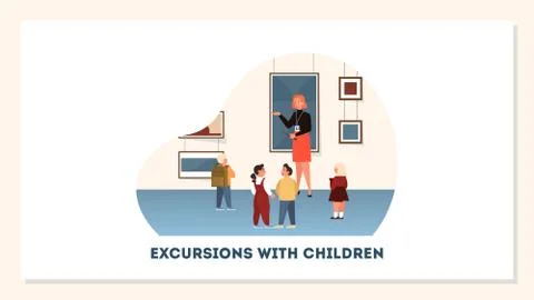 Group of kid in the museum. Child watching exposition Stock Illustration