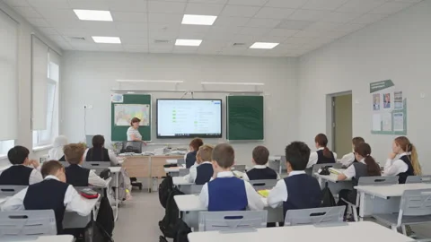 Group of kids follows digital presentation in classroom Stock Footage 333669754