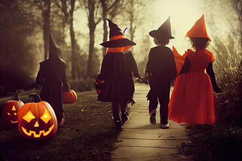 Group of kids with Halloween costumes walking to trick Stock Illustration