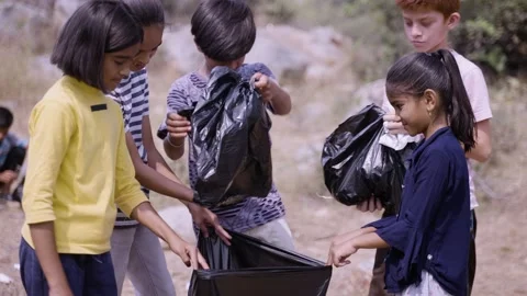 Group of kids seprating plastic bottles while collecting trash at hill top or fo Stock Footage 178334871