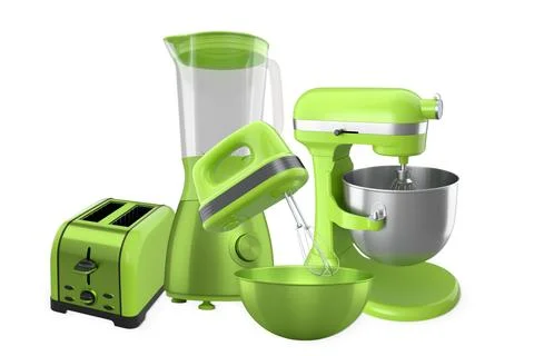 Group of kitchen appliances including mixer, blender and toaster, isolated .. Stock Illustration