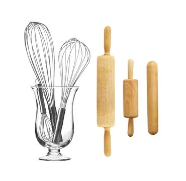 Group of kitchen utensils for bakery on white background Stock Photos