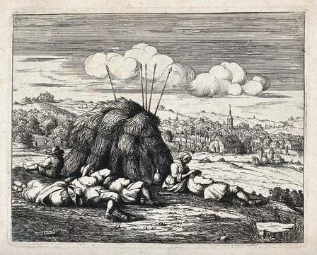 A group of labourers resting in front of a haystack; to the right a woman p.. Stock Illustration