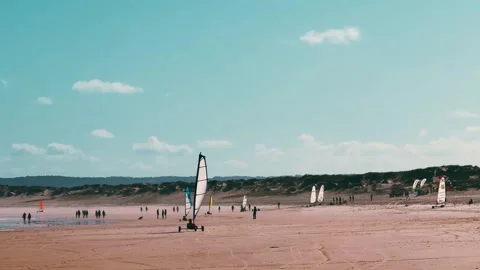 Group Land Sailing Experience on Ocean Beach. Stock Footage 328045310