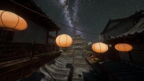 A group of lanterns hanging from a line under a night sky Stock Illustration