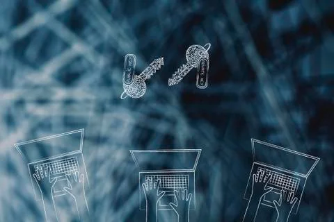 Group of laptop users with private and public encryption keys above them Stock Illustration