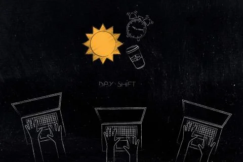 Group of laptop users working in team and day shift icon with sun alarm &amp; cof Stock Illustration