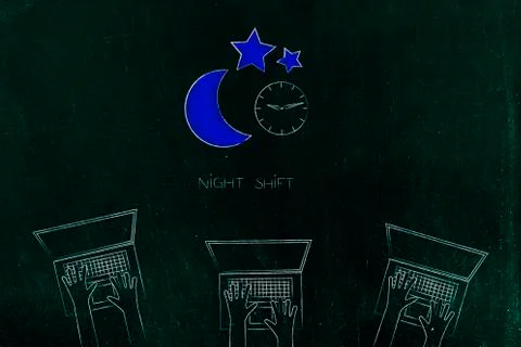 Group of laptop users working in team and night shift icon with moon and cloc Stock Illustration