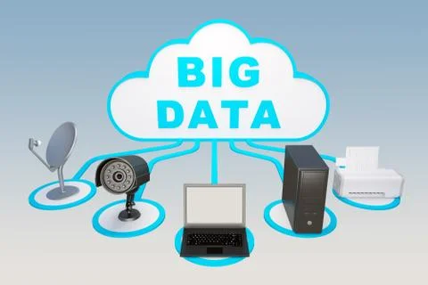 Group of laptops connected to database cloud Stock Illustration