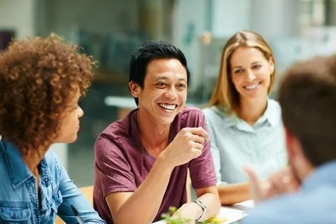 Group, laugh and teamwork for project, office and planning for campaign, cr.. Stock Photos