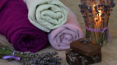 Group Of Lavender Spa Products For Tranquilty &amp; Relaxation Vídeo Stock 65118330