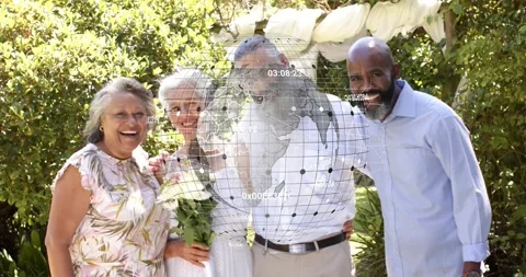 Group leaning, hearing cue, posing smiling for wedding with bouquet and animated Video stock 320894644