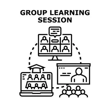 Group learning session illustrating hybrid education and online meetings Illustrazione stock