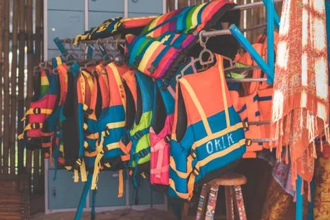 Group of Life jacket or life vest on the beach. Bali island. Stock Photos
