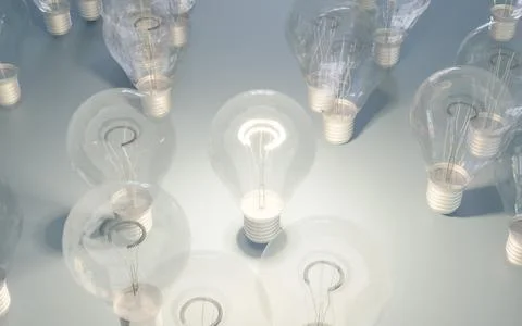 Group of light bulbs on table 3d render illustration Stock Illustration