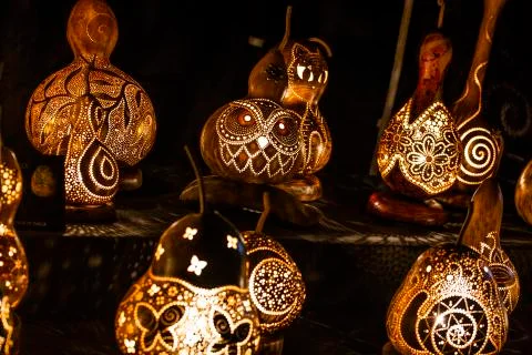 Group of light lamp built with dried pumpkins Stock-Fotos