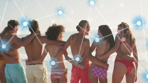 Group linking arms, network nodes fading and pulsing on bodies, showing social Stock Footage 333648720