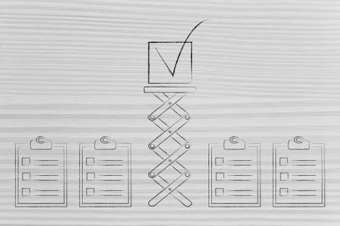 Group of lists with tasks to do and oversize Tick popping up on a spring 스톡 일러스트