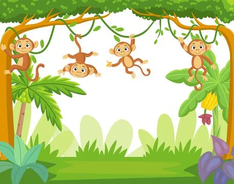 Group of little monkey hanging on tree branch Stock Illustration