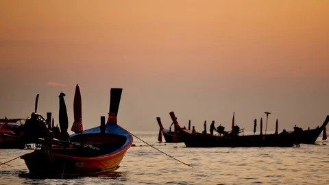 Group of  long tail boat converted to boat excursions floating in the andaman Stock Footage 84130701