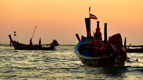 Group of  long tail boat converted to boat excursions floating in the andaman Stock Footage 84130714