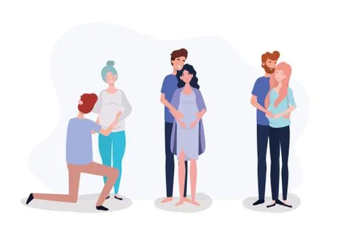 Group of lovers couples pregnancy characters Illustrazione stock