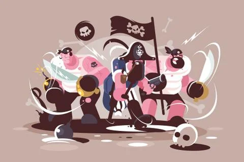 Group of mad pirates with bombs and swords weapon Stock Illustration