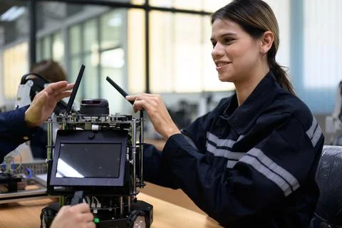 Group of maintenance engineers checking and repairing automatic robotic machine 스톡 사진