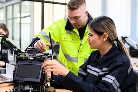 Group of maintenance engineers checking and repairing automatic robotic machine Stock Photos