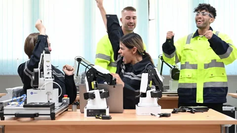 Group of maintenance engineers working with robot maintenance 스톡 동영상 241522243