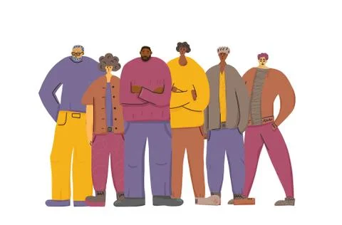 Group of man of different ages standing together. Male characters team isolat Stock Illustration