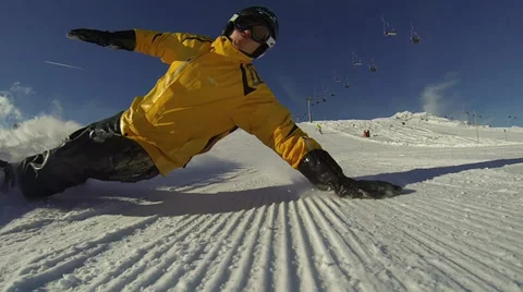 Group man ride on snowboard. Over the camera. Stock Footage