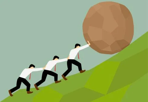 Group of Man try to move stone ball to top of hill Stock Illustration