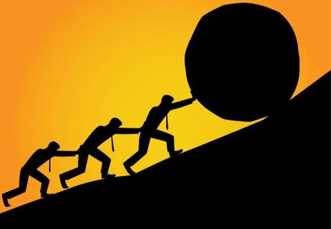 Group of Man try to move stone ball to top of hill Stock Illustration