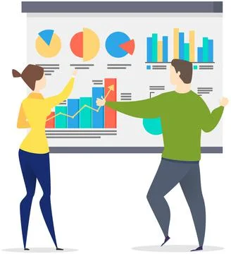 Group of managers working with computers, using magnifier to enlarge statistical Stock Illustration