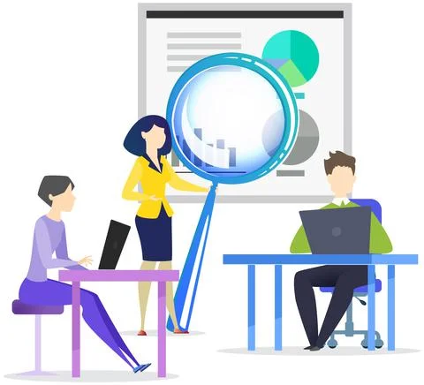 Group of managers working with computers, using magnifier to enlarge statistical Illustrazione stock