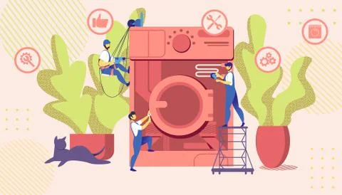 Group Masters Fixing Huge Broken Washing Machine Stock Illustration