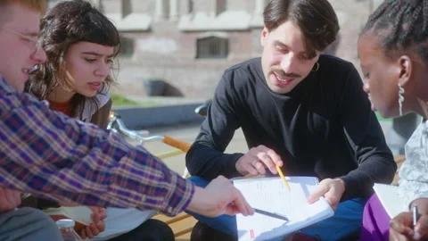 Group Mates Discussing Assignment in Workbook Outdoors on Campus Stock Footage 246570585