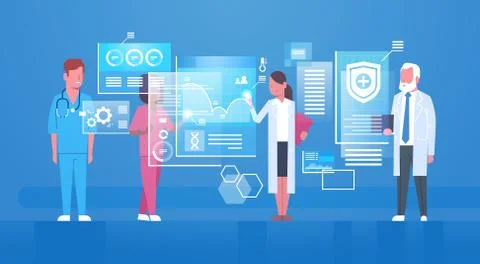 Group Of Medical Doctors Using Digital Screen Modern Medicine Technology Concept Stock Illustration
